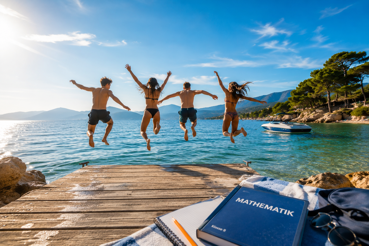 LeviThias wünscht schöne Sommerferien vier Schülerspringen in Meer, vorne Mathemaitk Buch in blau